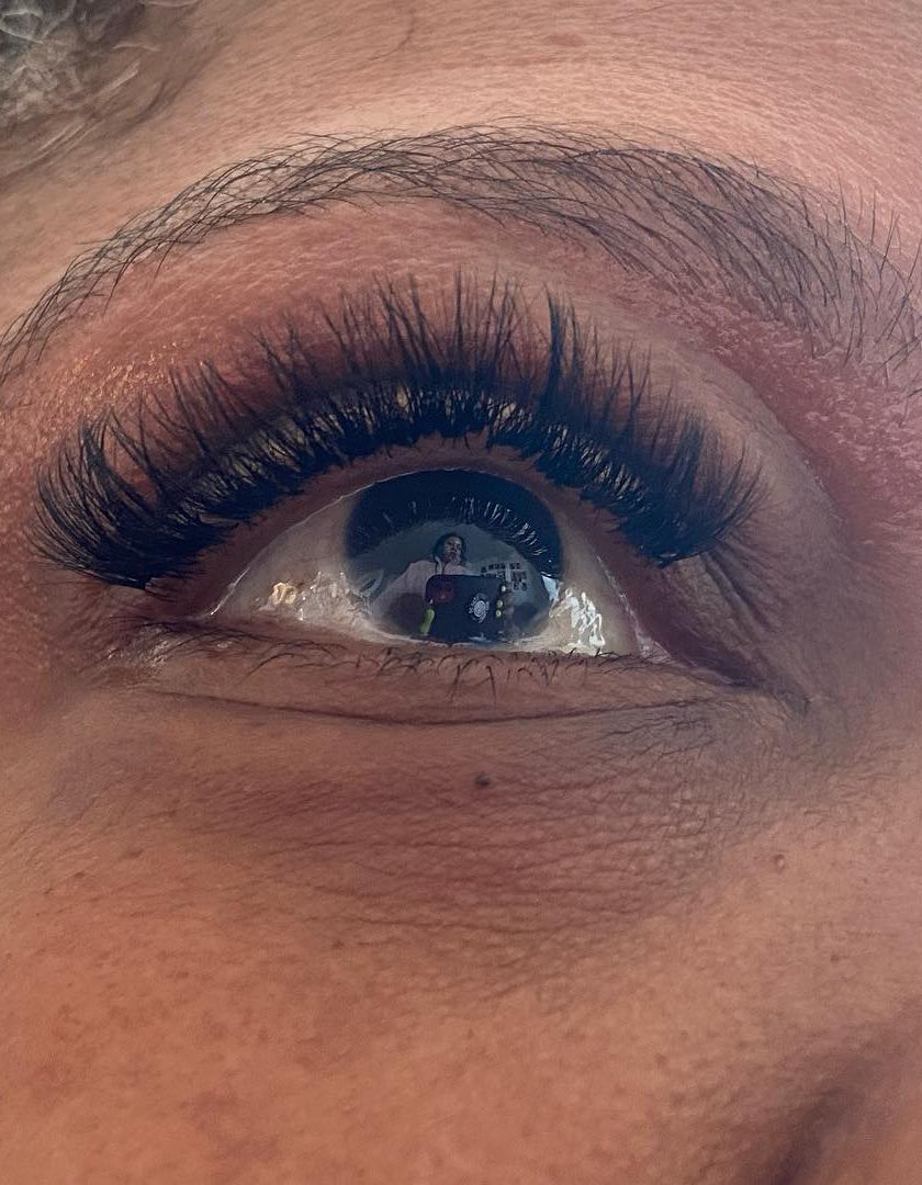 Close-up of a full volume lash set, eye open